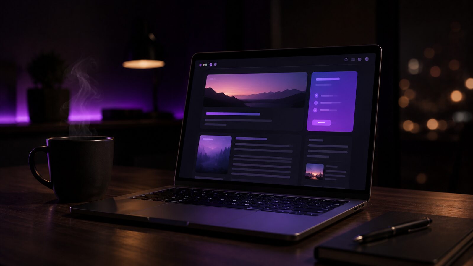 Laptop displaying a blog and content publishing interface at night
