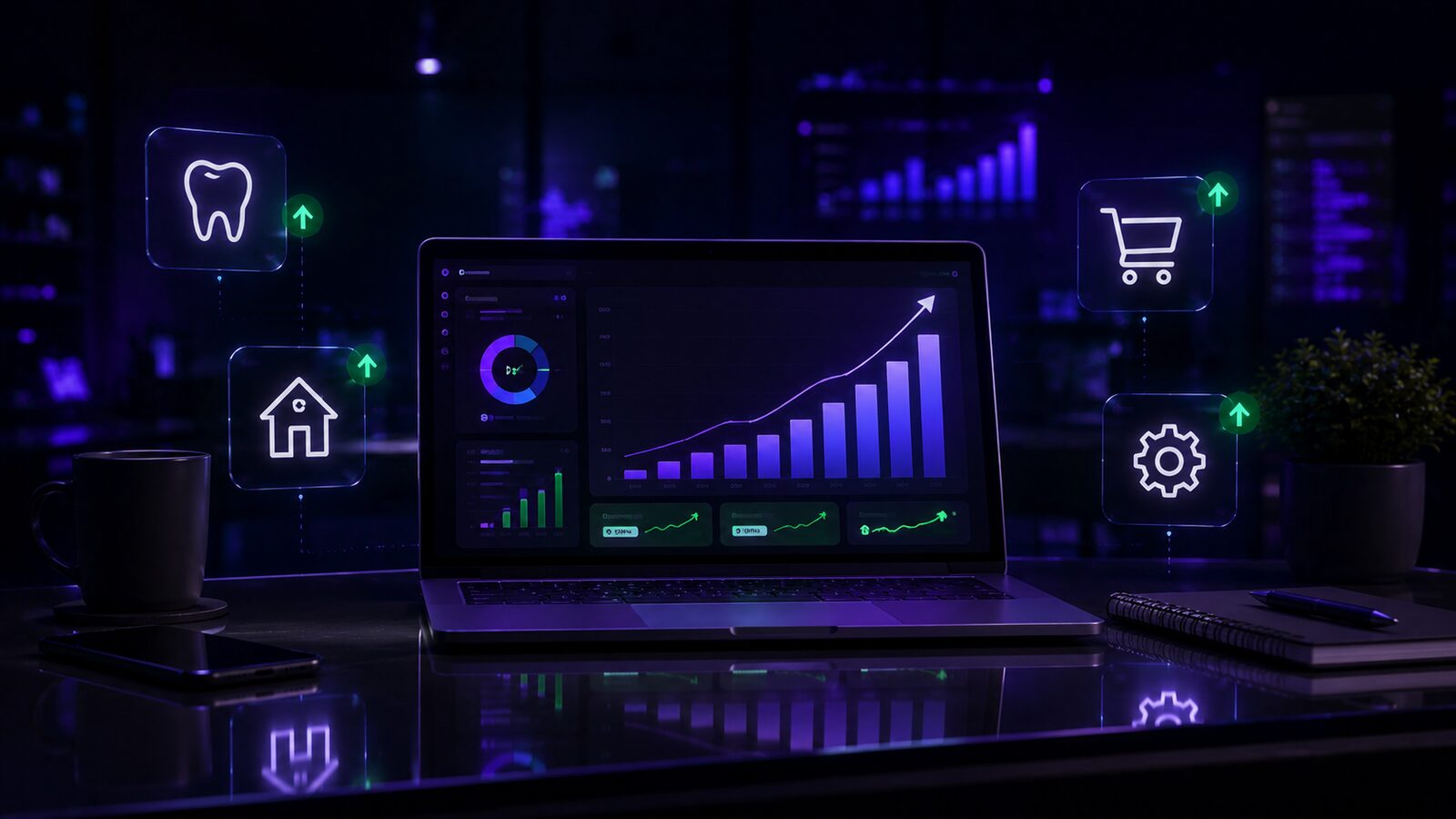 Business growth dashboard with multi-industry case study icons