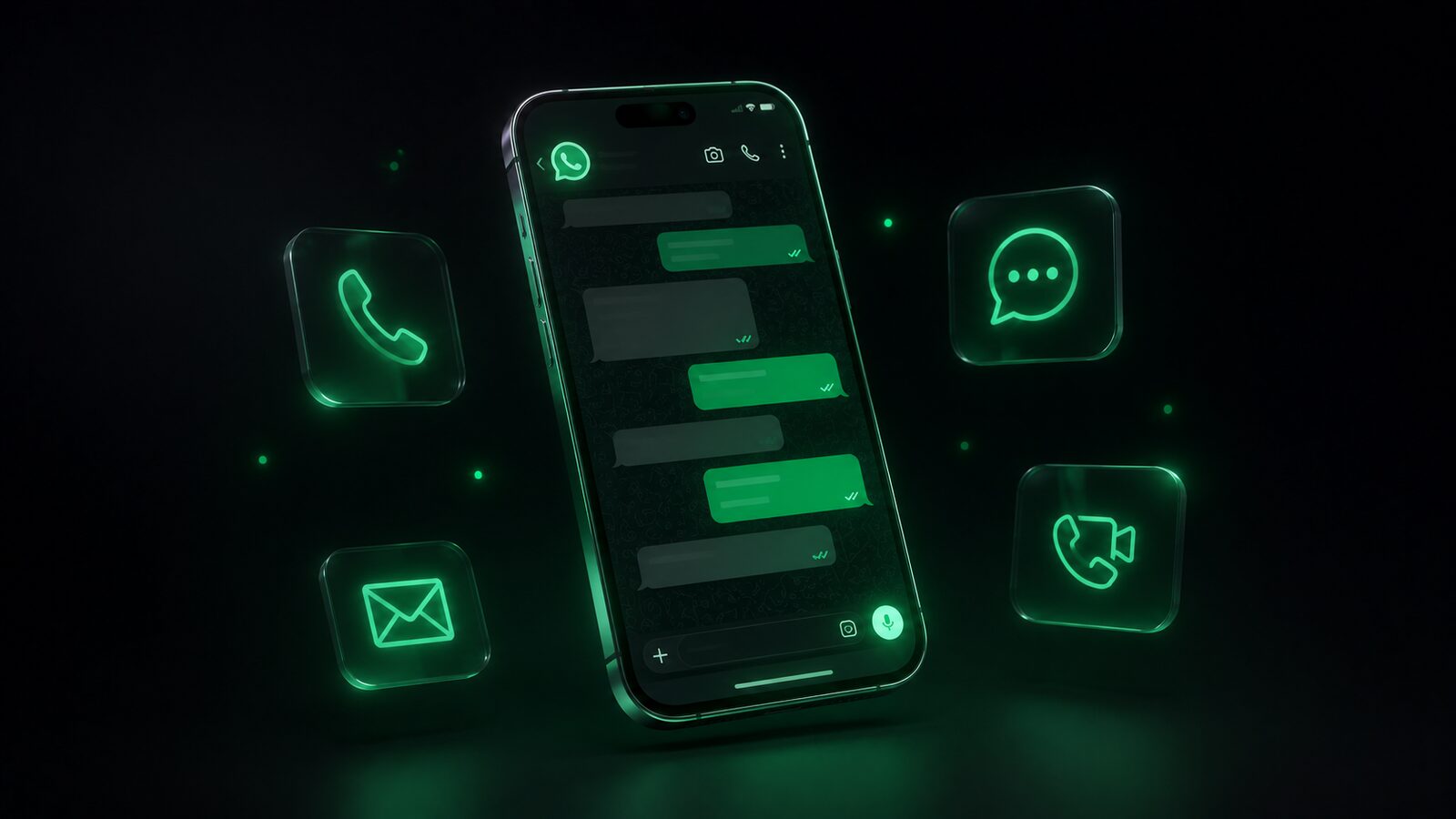 Smartphone with WhatsApp chat surrounded by glowing contact icons