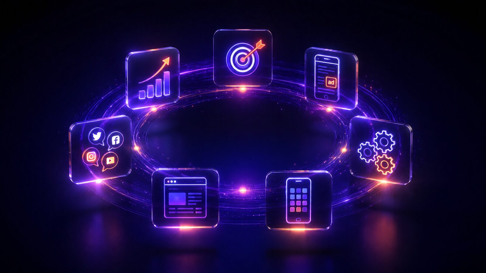 Glowing icons representing SmartHire's seven digital services orbiting a central core