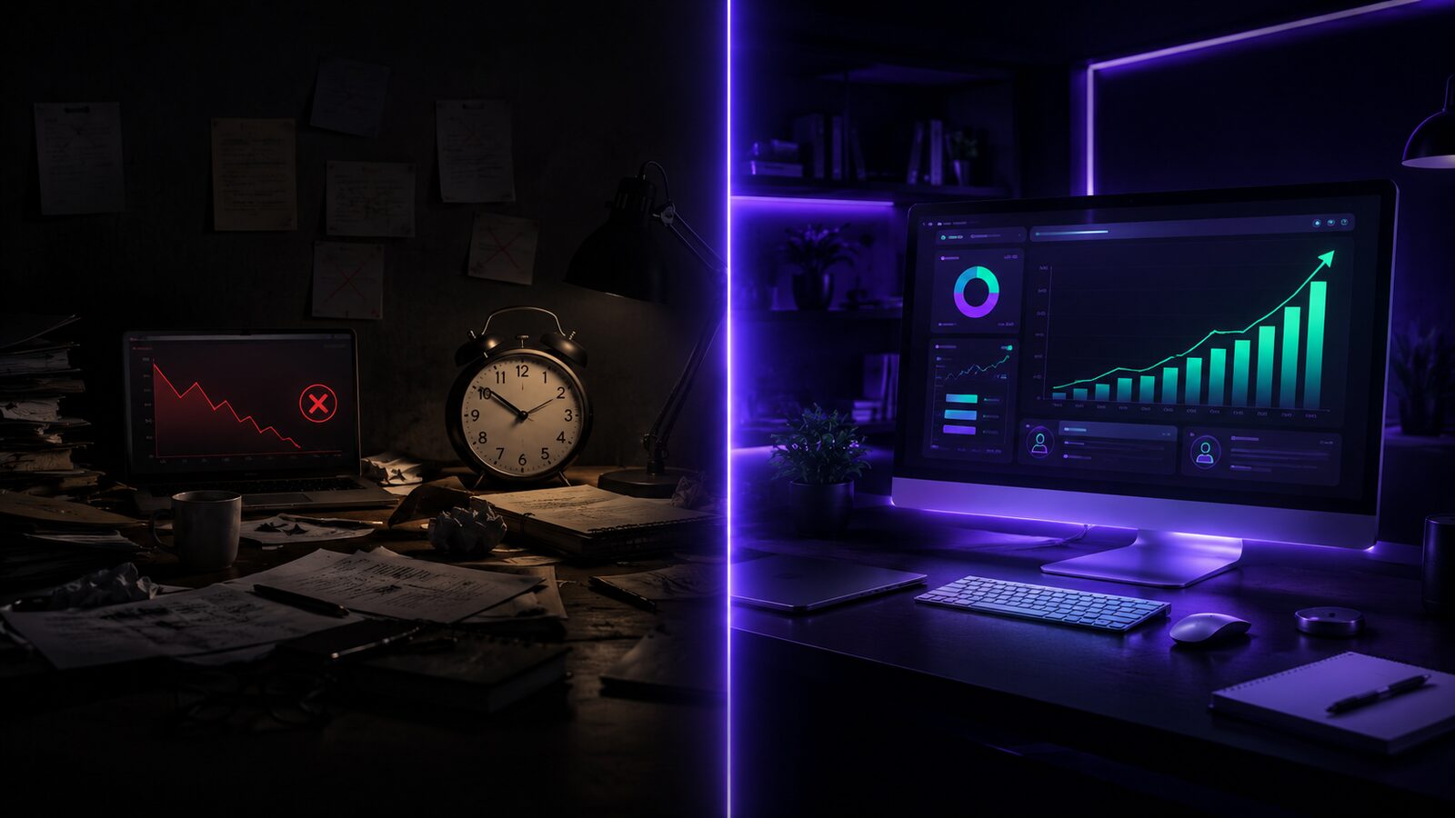 Split scene contrasting cluttered struggling workspace with bright analytics dashboard