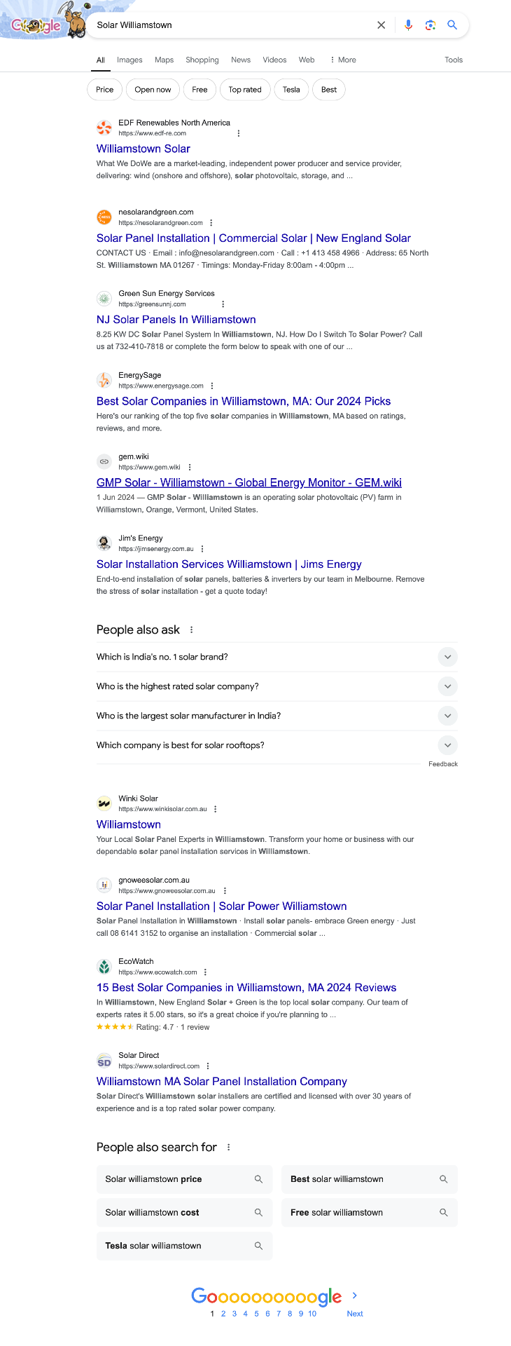 Google SERP — Neosolar ranking on page one for target search term