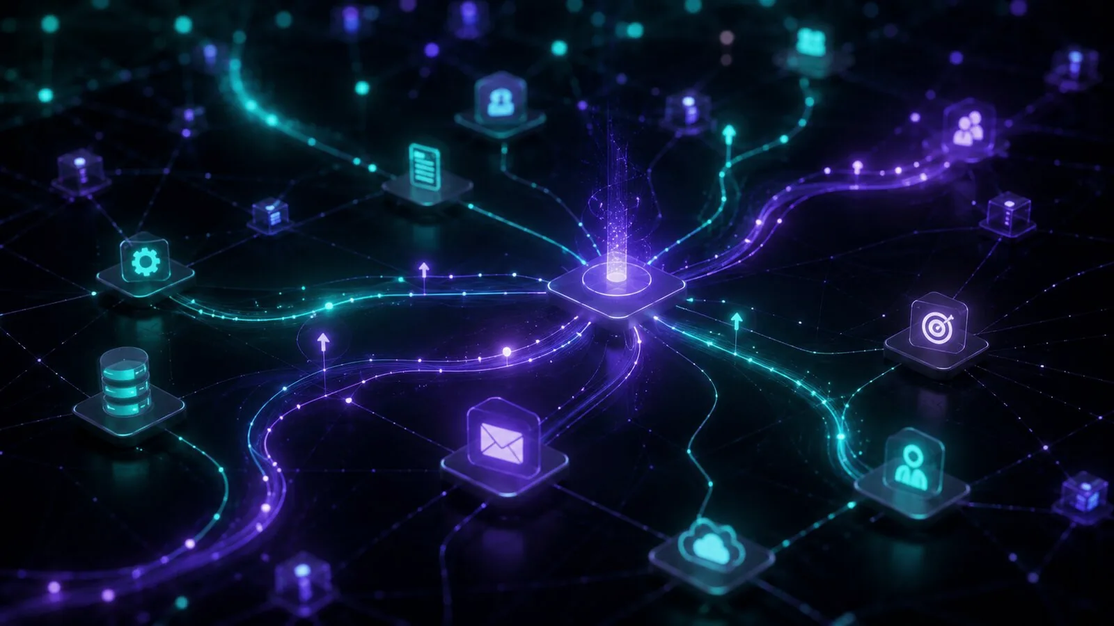 Abstract interconnected systems and data paths representing AI-enabled business workflows
