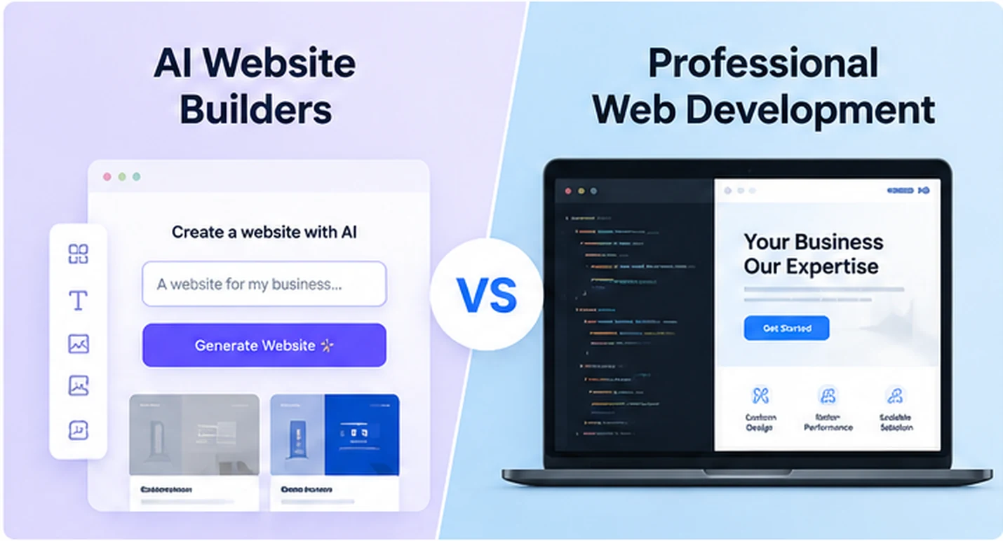Comparison of an AI website builder interface and professional website development