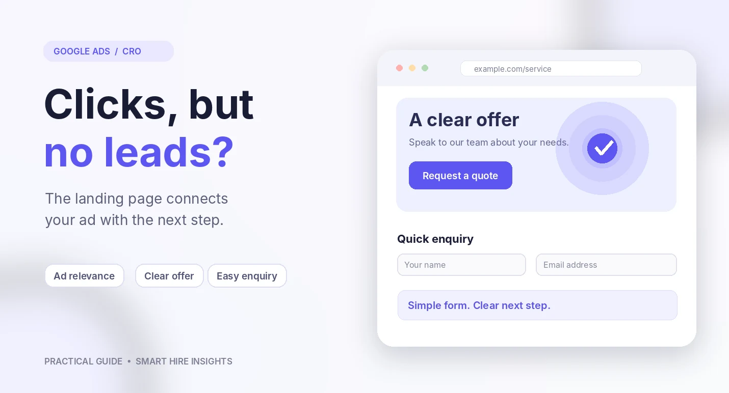 Illustration of an ad leading to a clear landing page and an enquiry form